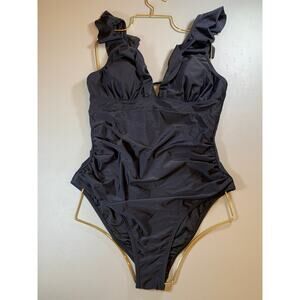 NWT Cupshe Ruffle Shoulder Black One Piece Swimsuit with Ruched Sides Sz Large